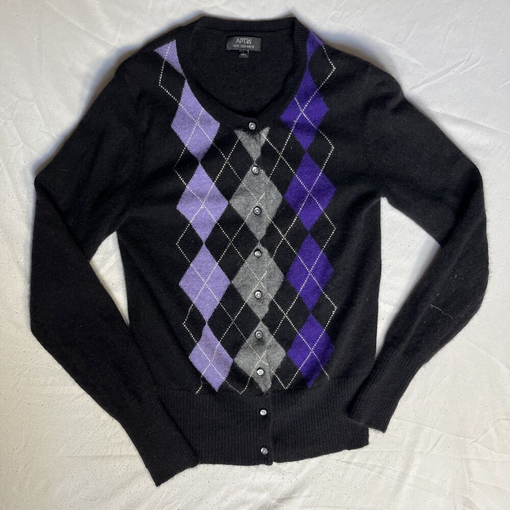 Apt 9 Womens Sz S Button Up Cardigan Sweater 100% Cashmere Argyle Black Purple